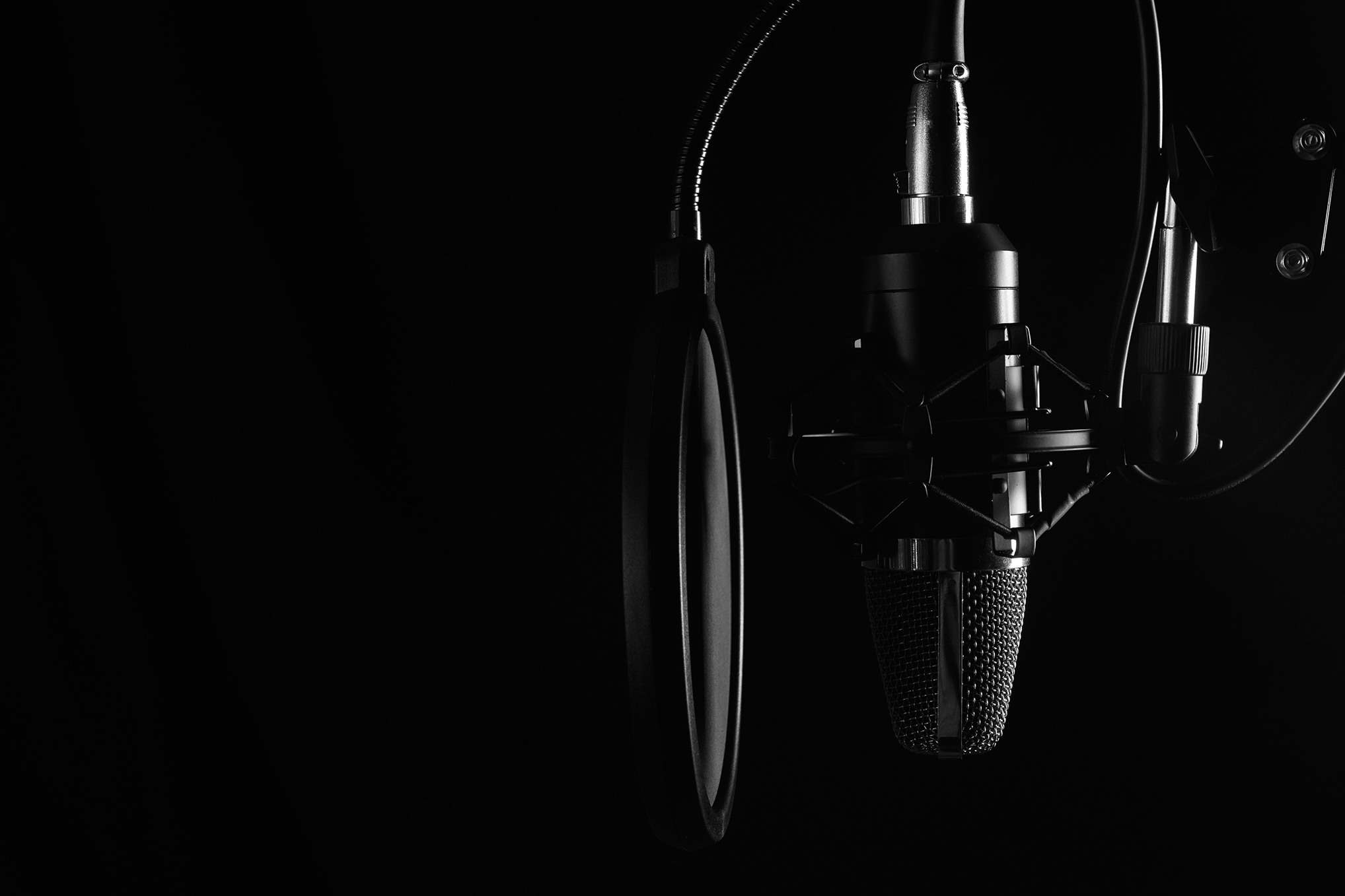 Professional microphone in a recording studio. Black and white photo. Black background, with space.